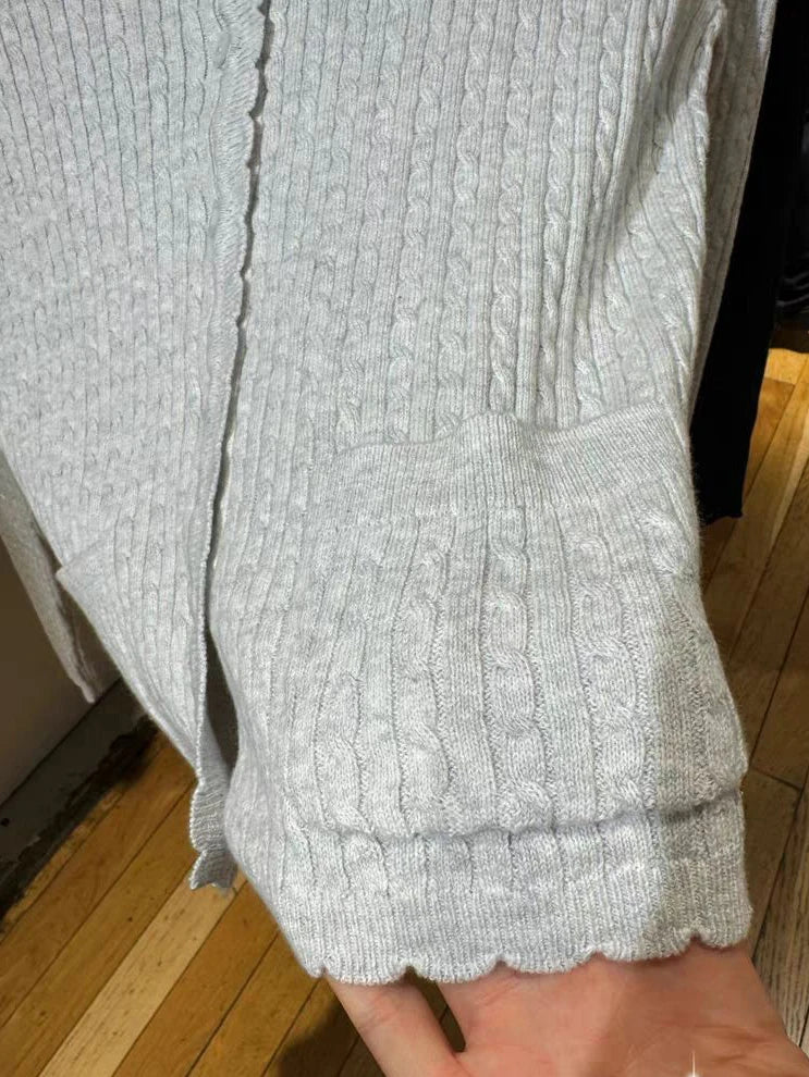Pockets Twist Flower Knitted Sweater Cardigan O-Neck Single Breasted Long Sleeve Slim Sweaters Vintage Streetwear Gray Crop Tops - Smarsty