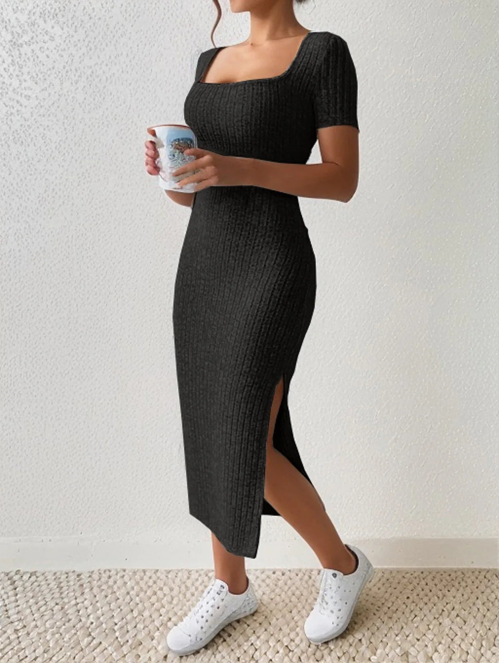 Summer Square Neck, Hip-Hugging Mid-Length Skirt, Short-Sleeved, Versatile Knitted Slit Dress - Smarsty