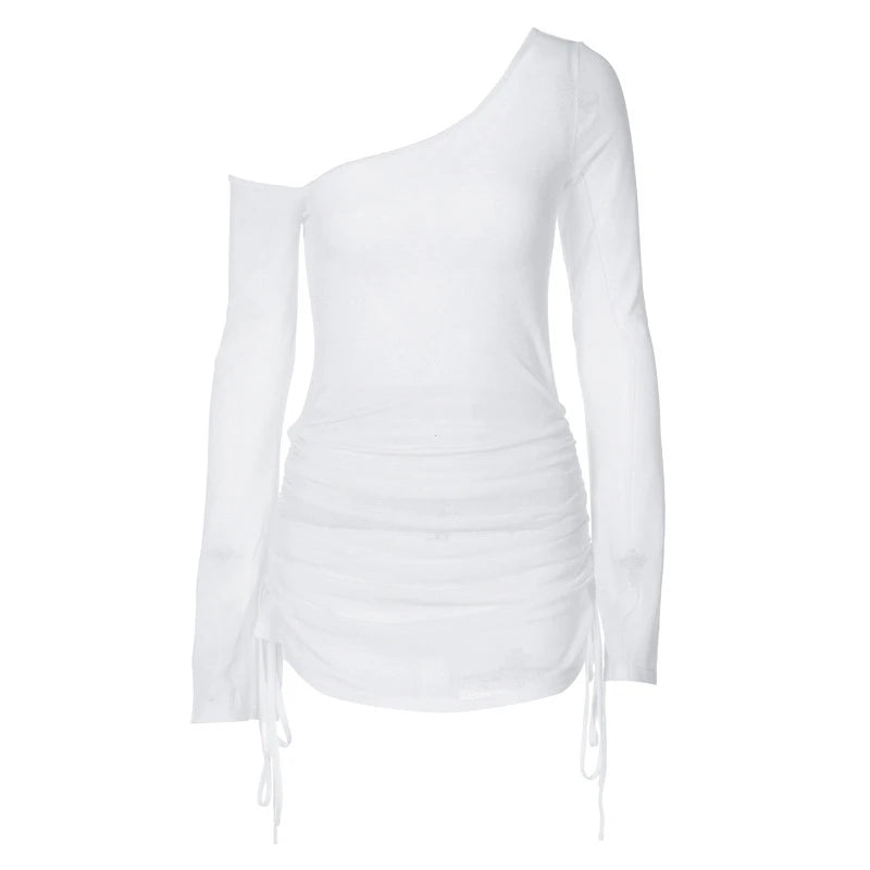 Dulzura Solid Skew Collar Ruched Straps Lace-Up See Through Draw String Mini Dress 2025 Summer Women Party Clubwear Wholesale - Smarsty