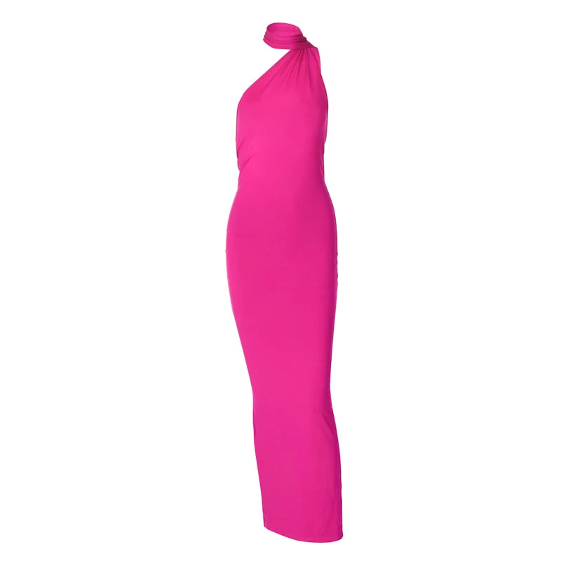 Hugcitar One Shoulder Backless Adjustable Scarf Loop Ruched Sexy Maxi Dress Women Elegant Y2K Streetwear Festival Outfit - Smarsty