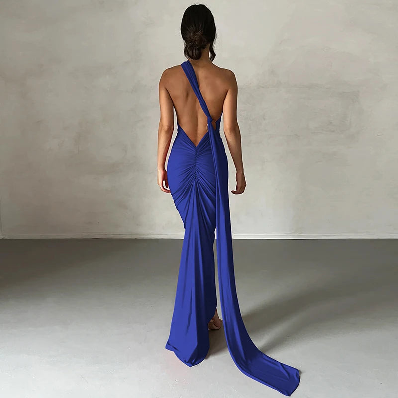 Hugcitar One Shoulder Backless Adjustable Scarf Loop Ruched Sexy Maxi Dress Women Elegant Y2K Streetwear Festival Outfit - Smarsty