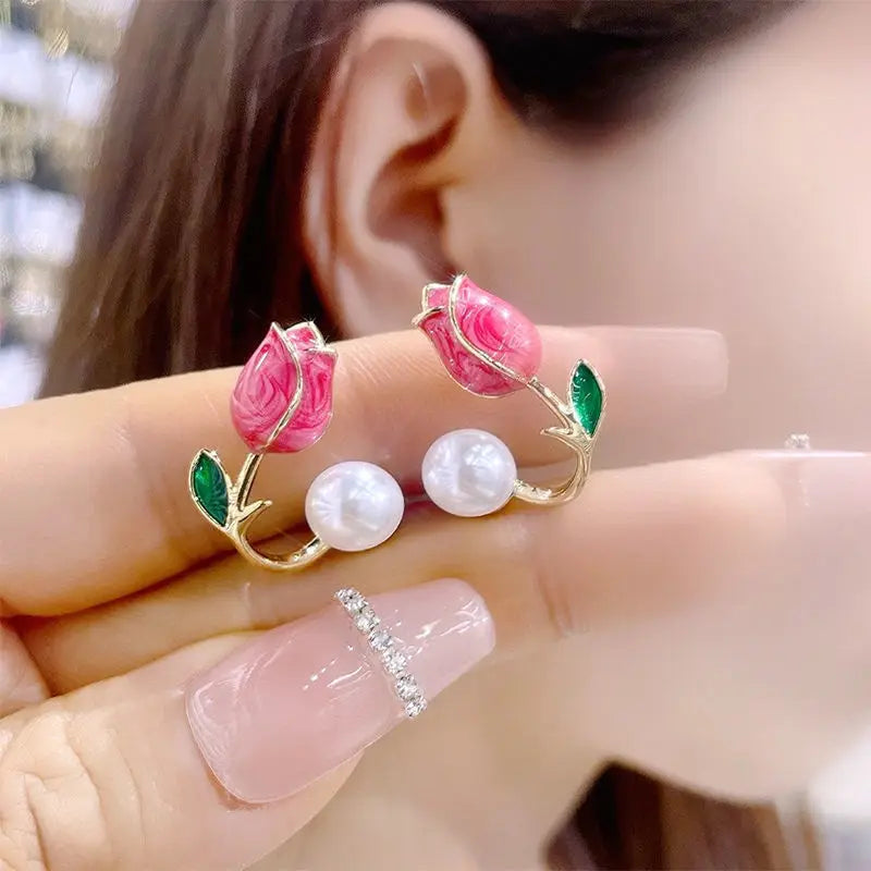 Elegant Rose Stud Earrings With Imitation Pearl Pink Tulip - Smarsty