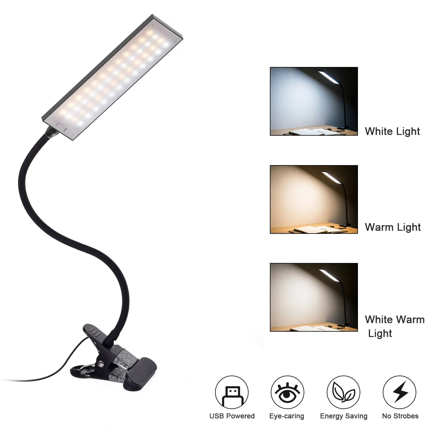 5W LED Clip on Desk Lamp with 3 Modes 11 Brightness 2M Cable Dimmer 14 Levels Clamp Table Lamp