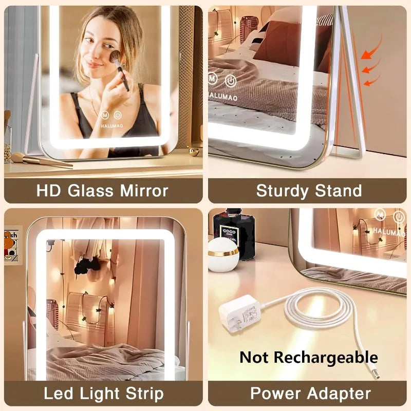 LED Vanity Mirror with 3-Color Light - 360° Rotatable, Touch Control & USB Powered, Travel & Bathroom Makeup Mirror