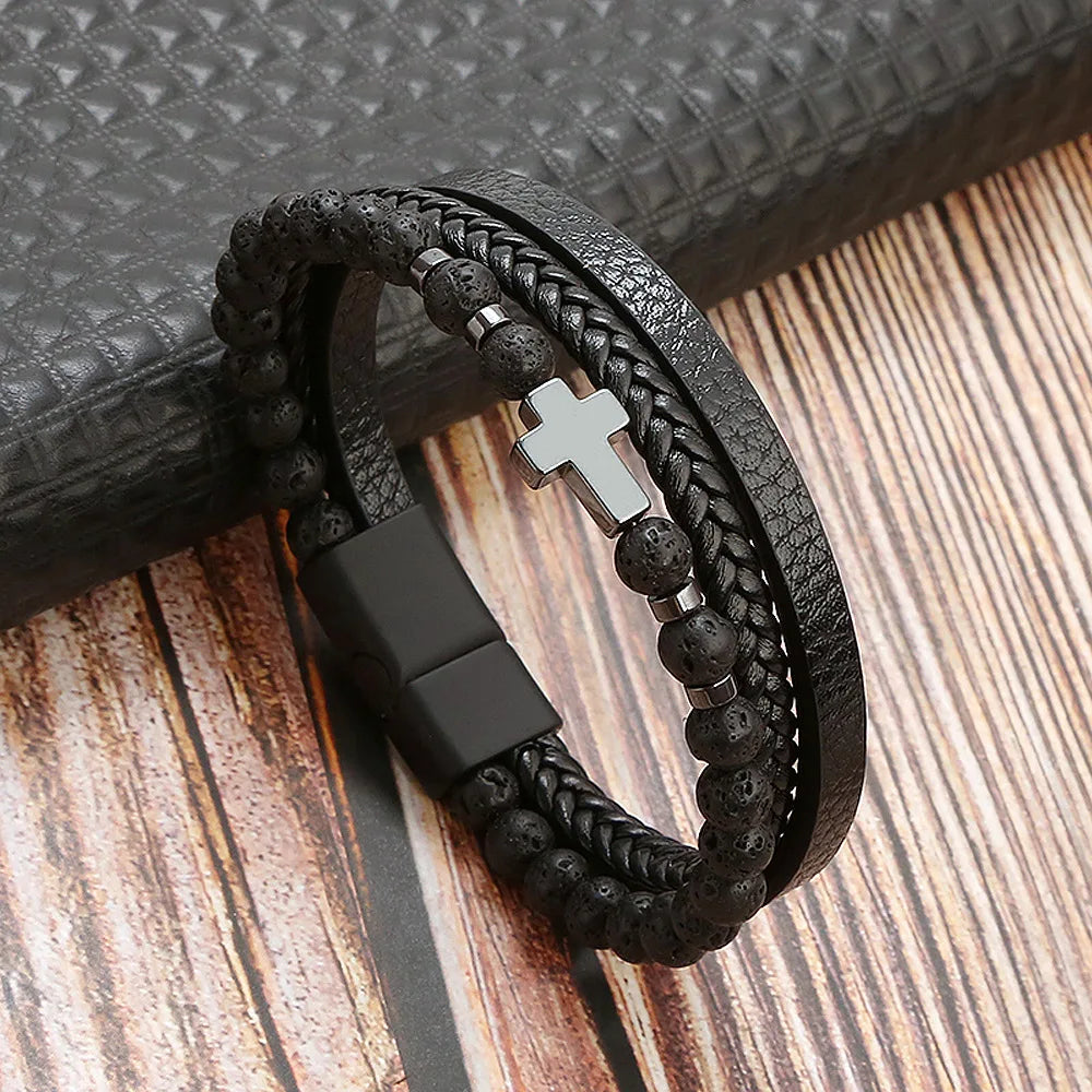 Men Leather Bracelet with Tiger Eye Beads Stylish Gift - Smarsty