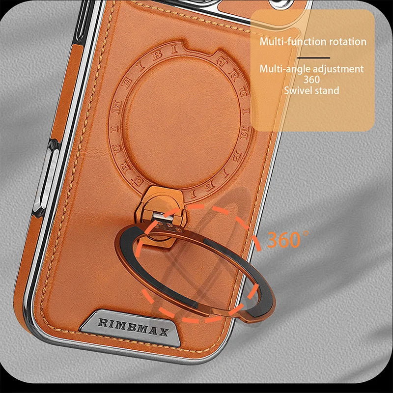 Magnetic Rotat Bracket Luxury Leather Phone Case For iPhone 11 12 13 14 15 16 17 Pro Max Plus Wireless Charging Shockproof Cover