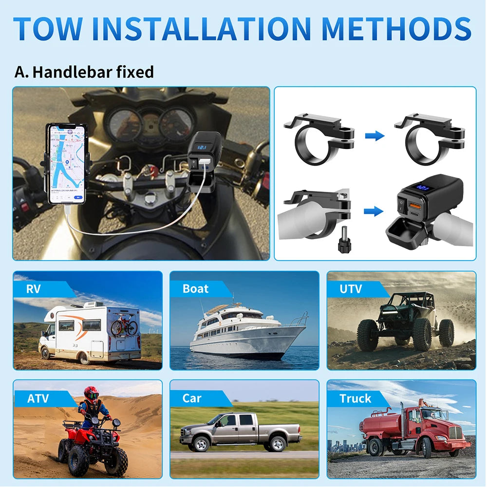 PD QC3.0 Motorcycle USB Fast Charger 60W Handlebar Dual USB Socket with Switch Voltmeter Waterproof 12V Power Supply Adapter - Smarsty