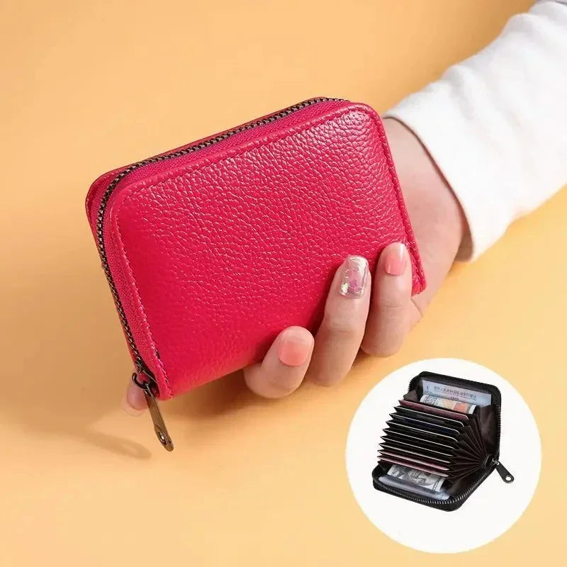 Multi Slot Card Holder Vintage Small Wallet Women Men Business Bank Credit Card Bag Male Coin Pouch Solid Leather Zipper Wallet - Smarsty