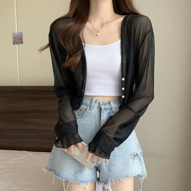 2025 Fairy Style Solid Cardigan Women Summer New Long Sleeve Sunscreen Sweet Beading V-neck Basics Loose Chiffon Cardigan - Smarsty