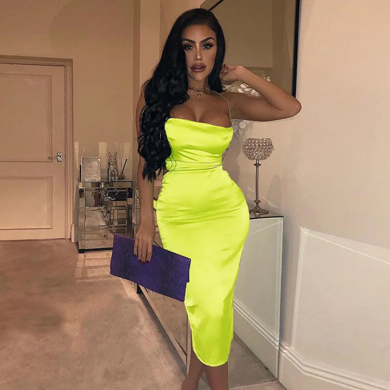 Neon Satin Lace Up Women's Long Midi Dress Light Pink Bodycon Backless Elegant Party Sexy Club Clothes 2022 Summer Dinner Outfit - Smarsty