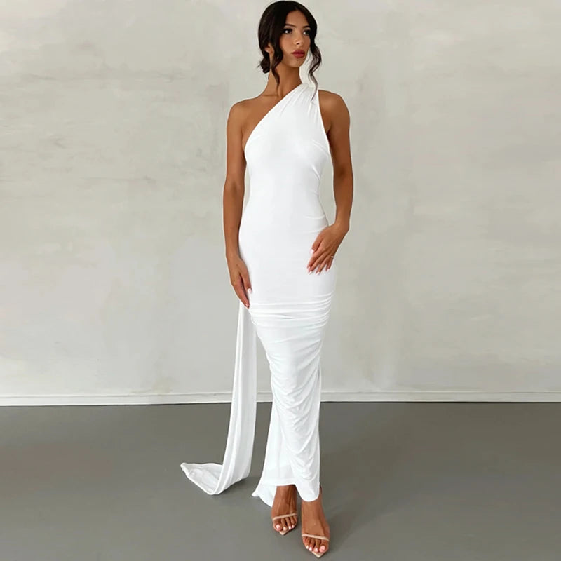 Hugcitar One Shoulder Backless Adjustable Scarf Loop Ruched Sexy Maxi Dress Women Elegant Y2K Streetwear Festival Outfit - Smarsty