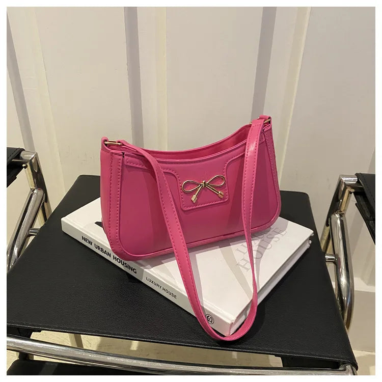 Metal Bow Shoulder Bag For Women With Classic Baguette - Smarsty