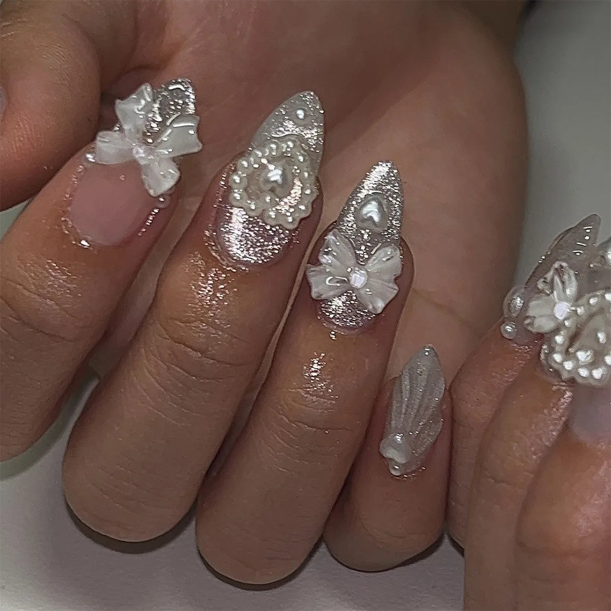 24 Piece Pink Almond Fake Nail Set With Bowknot Design - Smarsty