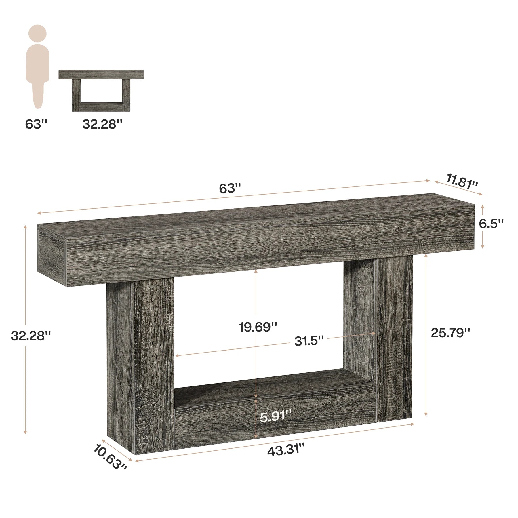 Tribesigns 63" Console Table, Farmhouse 2-Tier Entryway Table with U-Shaped Base, Narrow Long Wood Sofa Table Behind Couch Table