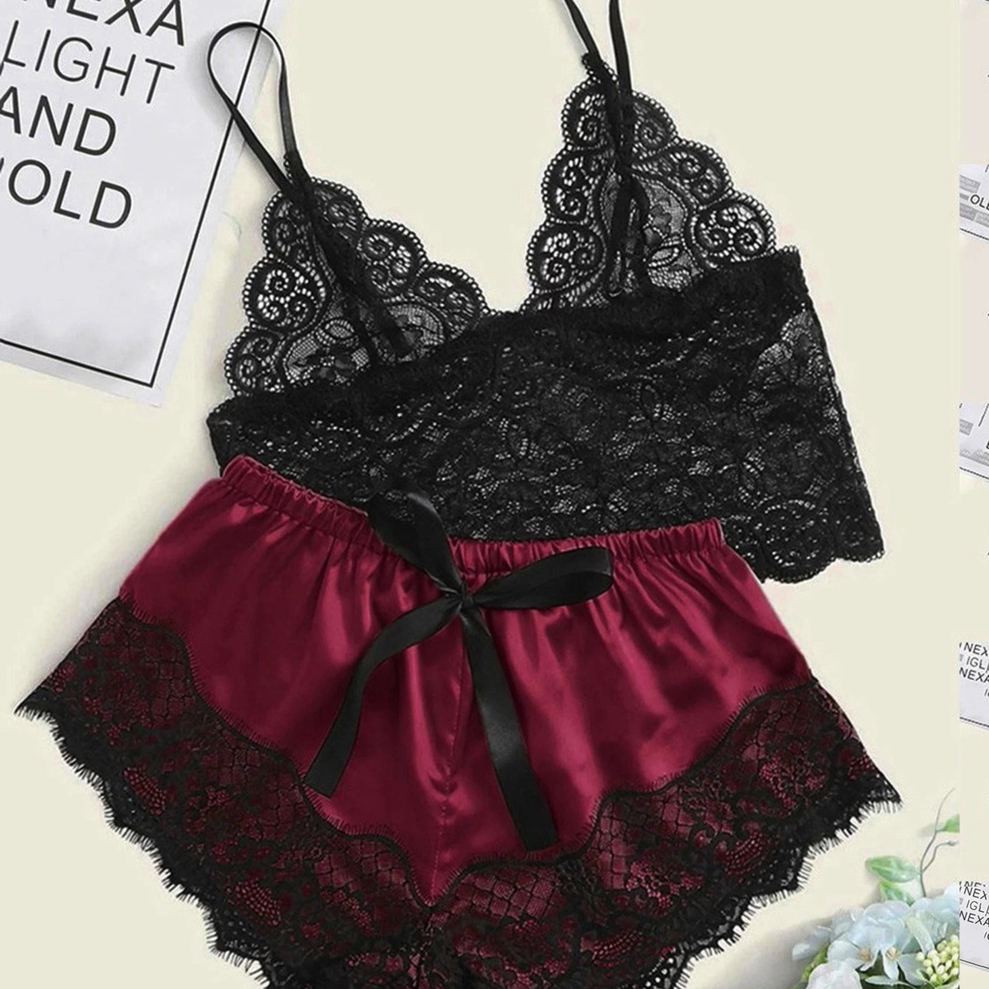 Pajama Sets Sexy Pajamas for Women 2 Pieces Top Shorts Set Sleepwear Clothes Lace Pajamas Underwear Lingerie - Smarsty