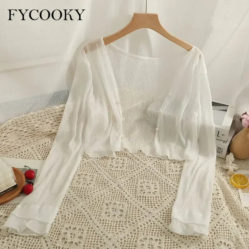2025 Fairy Style Solid Cardigan Women Summer New Long Sleeve Sunscreen Sweet Beading V-neck Basics Loose Chiffon Cardigan - Smarsty