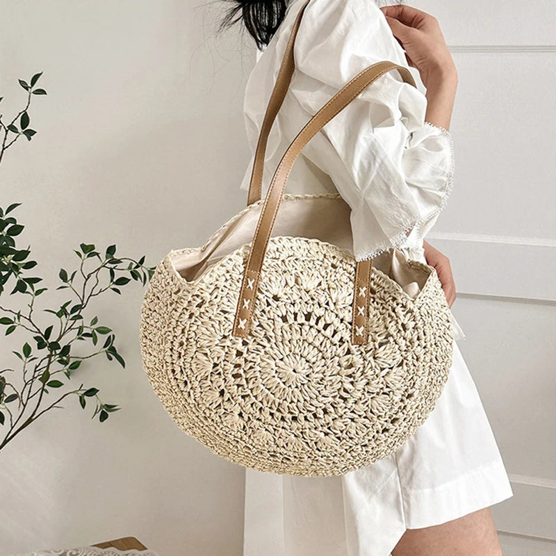 Round Straw Beach Tote for Women Large Capacity Bag - Smarsty