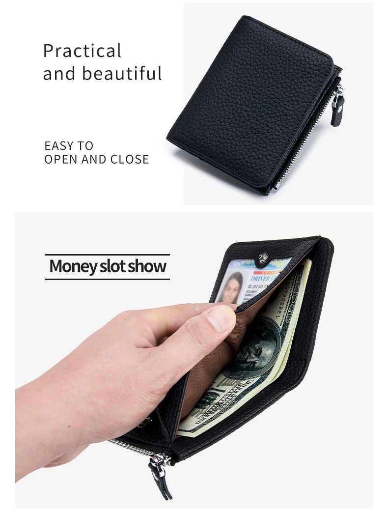 Genuine Leather Men Women Cute Short Wallet Luxury Solid Zipper Coin Purse rfid Bank Credit Card Holder Slim Small Money Bag