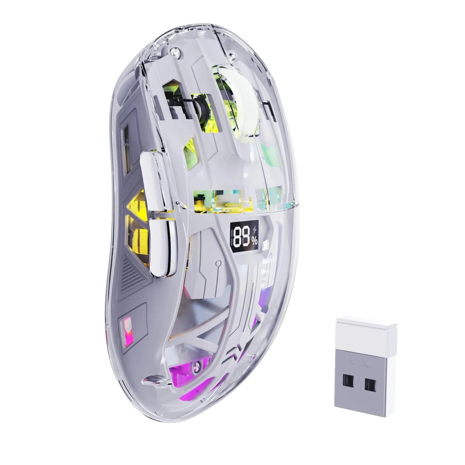 A2 Transparent Wireless Gaming Mouse, BT 5.0/2.4G PC Rechargeable RGB Mice with Digital Screen,PixArt 3212, 5 Adjustable DPI