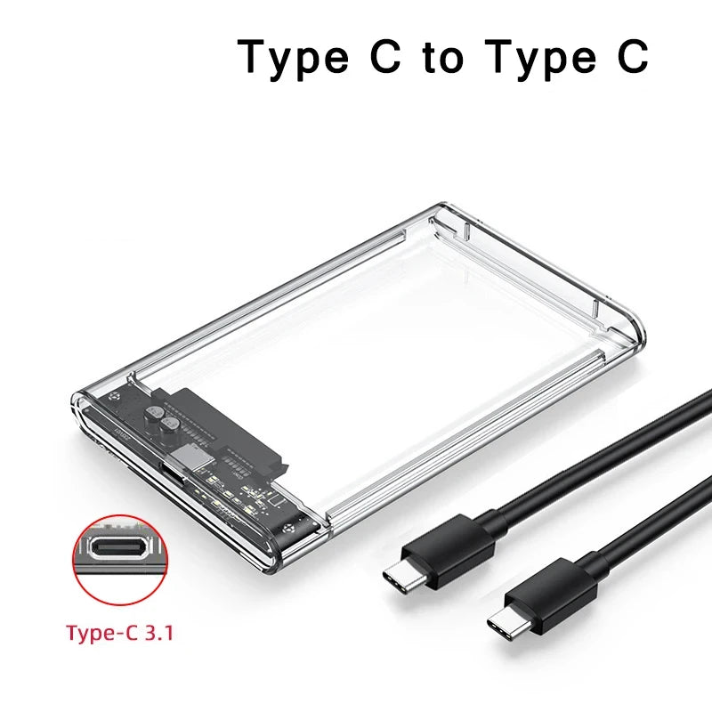 Transparent HDD Case HDD Enclosure 2.5 Inch SSD SATA To USB Type-C Adapter Portable External Hard Drive Box Tool-Free