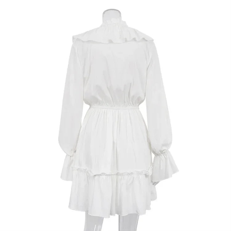 Talenza White Ruffle Bandage Mini Dress Women's Elegant Patchwork Long Sleeve Dress New Slim V Neck Lace Up Summer Mini Dress - Smarsty