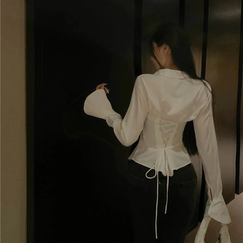 Gidyq Fashion Women Bandage Shirts Korean All Match Streetwear Female Slim Blouse Spring Casual White Bell Sleeve Shirt New - Smarsty