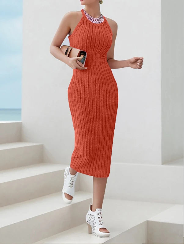 Solid Halter Neck Bodycon Midi Dress High-end temperament vest halter dress women's summer new high-waist slim temperament slim - Smarsty