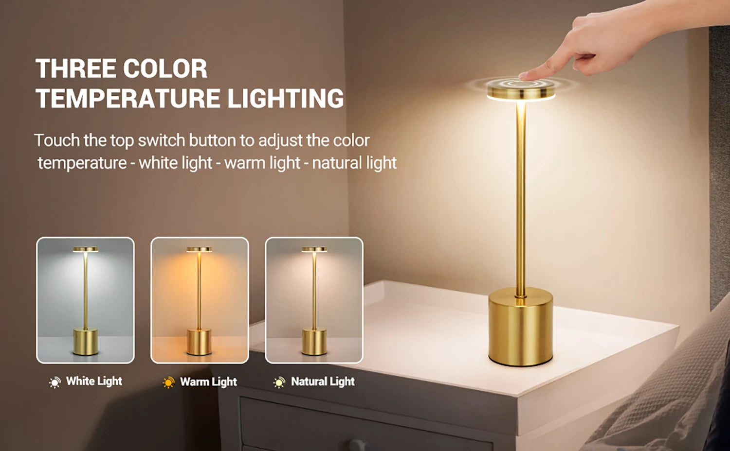 Rechargeable LED Touch Metal Table Lamp with Three Colors - Smarsty