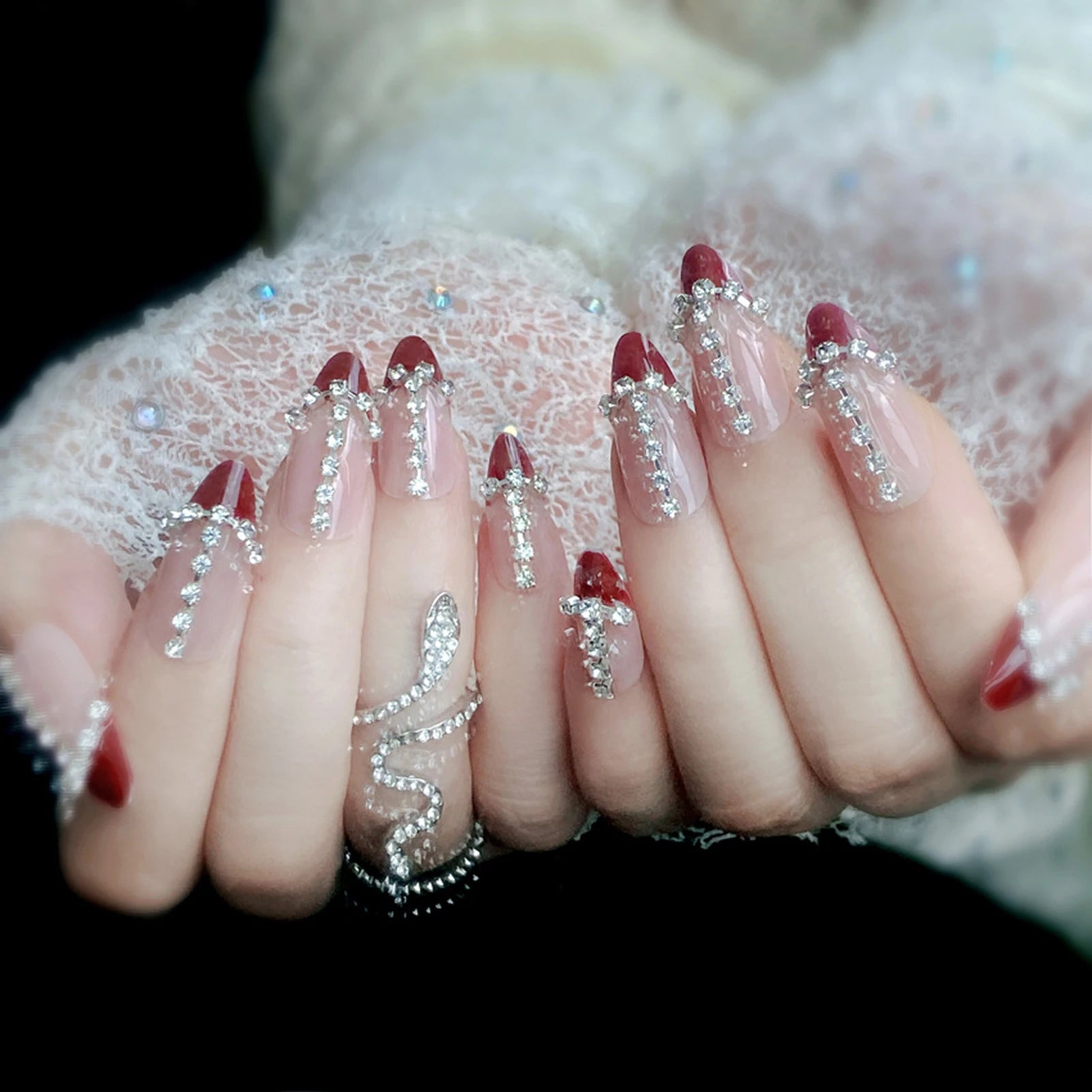 24pcs Pink Crystal Bow Press On Nails for Girls - Smarsty