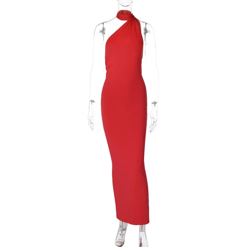 Hugcitar One Shoulder Backless Adjustable Scarf Loop Ruched Sexy Maxi Dress Women Elegant Y2K Streetwear Festival Outfit - Smarsty