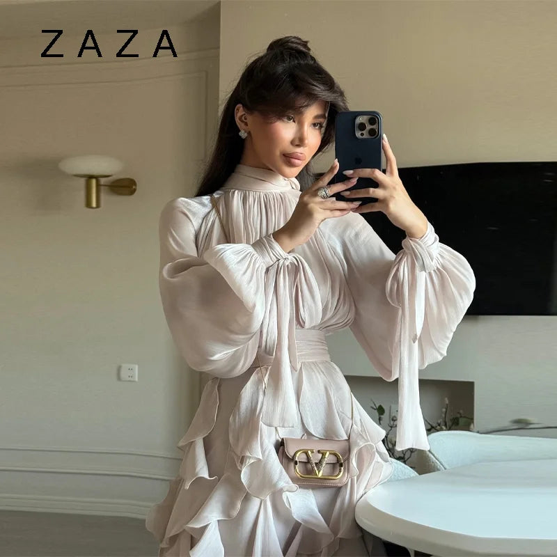 Shinny Ruffles Hem Maxi Dress A Line Long Sleeve Slim Fit Party Long Robes Lace Up Luxury Club Vestidos 2025 Lady Summer Gowns