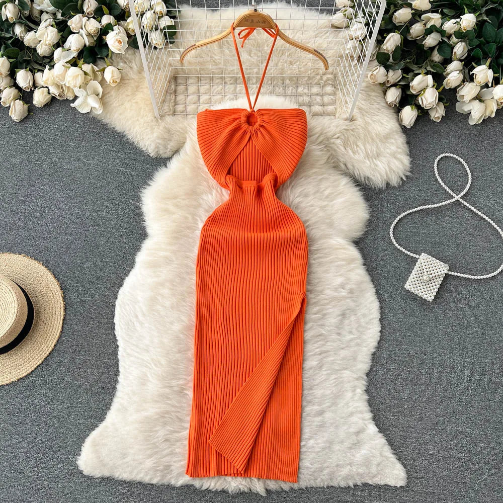YuooMuoo Chic Fashion Sexy Package Hips Split Knitted Summer Dress 2025 Women Slim Elastic Bodycon Party Dress Streetwear Outfit - Smarsty