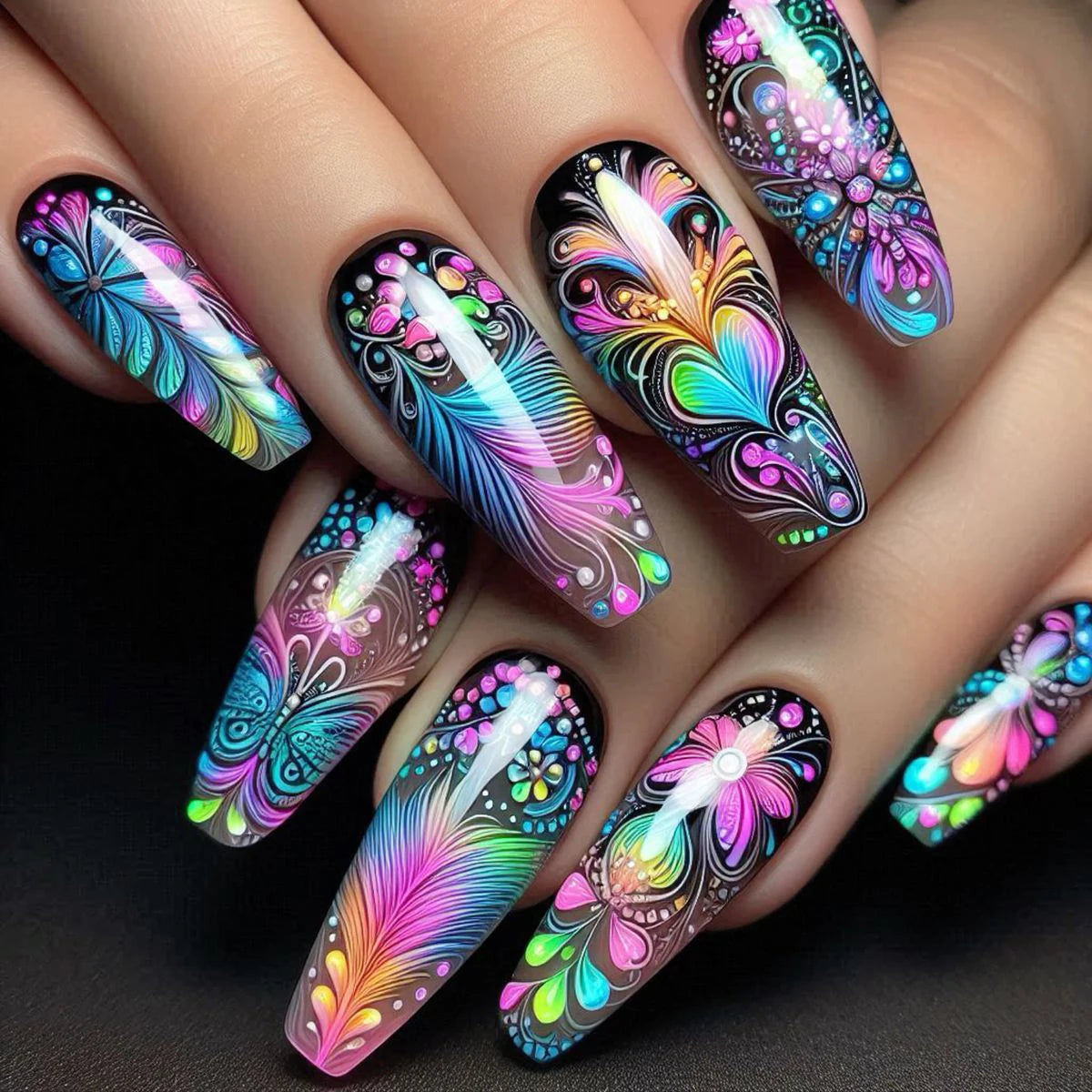 Extra Long Stiletto Black Full Cover Fake Nails - Smarsty