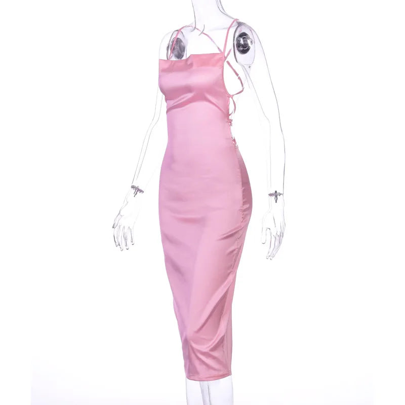 Neon Satin Lace Up Women's Long Midi Dress Light Pink Bodycon Backless Elegant Party Sexy Club Clothes 2022 Summer Dinner Outfit - Smarsty