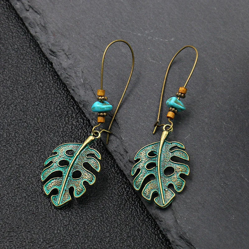 Vintage Bohemian Big Drop Earrings with Geometric Leaf Design - Smarsty