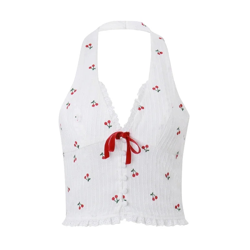 WhereMery Korean Fashion Print Halter Camis Tank Tops Summer Knitted Slim Fit Tank Top High Street Commuter Casual Women's Wear - Smarsty