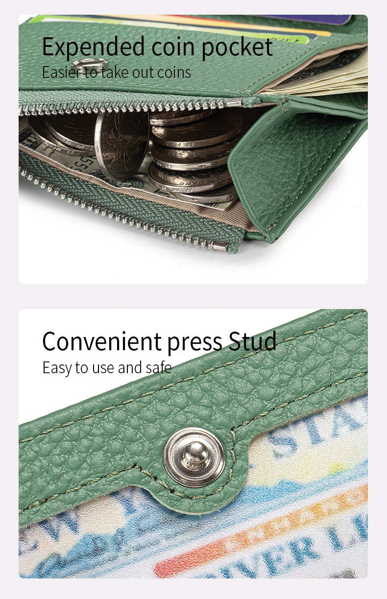 Women Genuine Leather Slim Short Wallet RFID Blocking Bi-Fold Wallet Credit Card Holder money clip wallet Zipper Coin pocket
