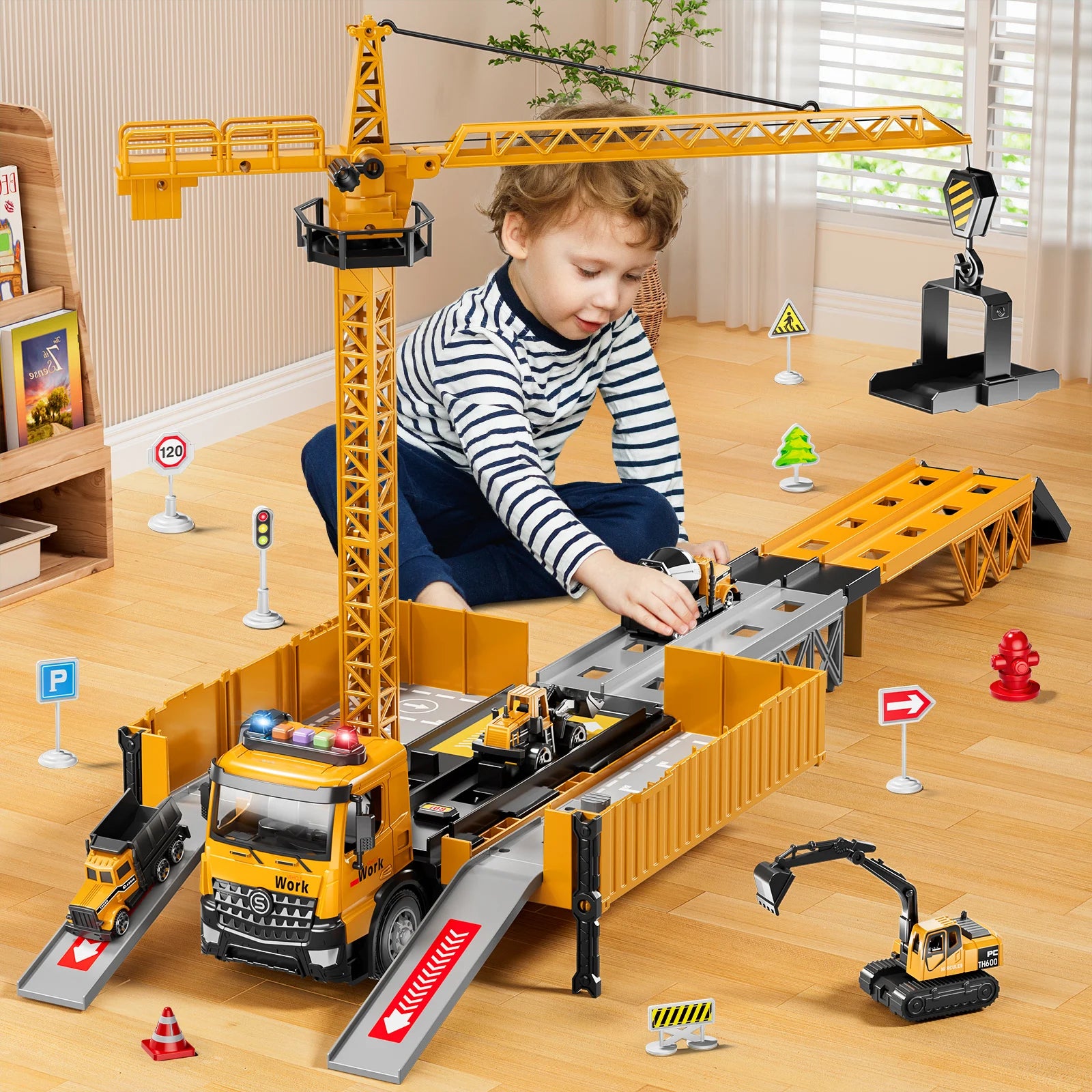 Carrier Truck Race Track Kids Toys Construction Truck Toys For 3-8 Years Old Boy Transport Car Truck With Tower Crane Truck Sets