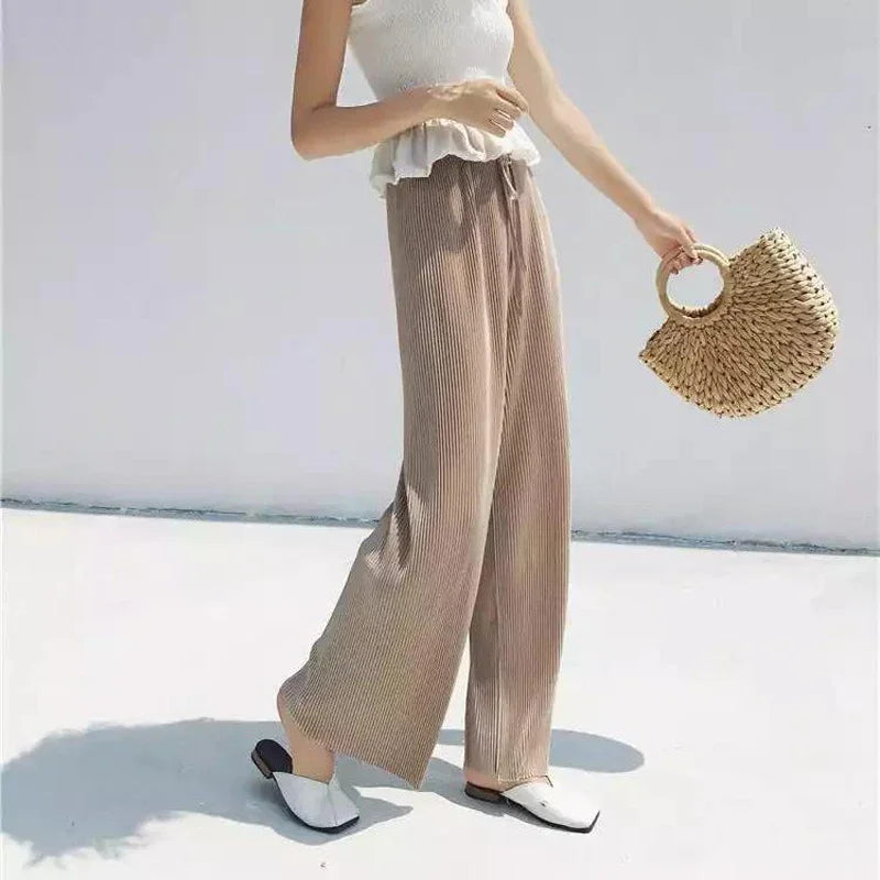 Women Fashion Summer Wide Leg Pants Pleated Ice Silk Trousers Elastic Waist Loose Casual Pants - Smarsty