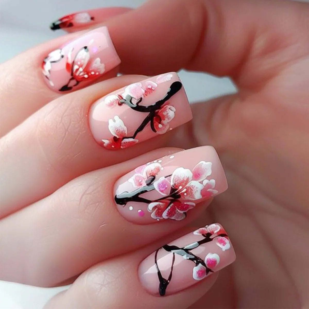 24 Piece Set Medium Long Press On Nails with Peach Flower Design - Smarsty