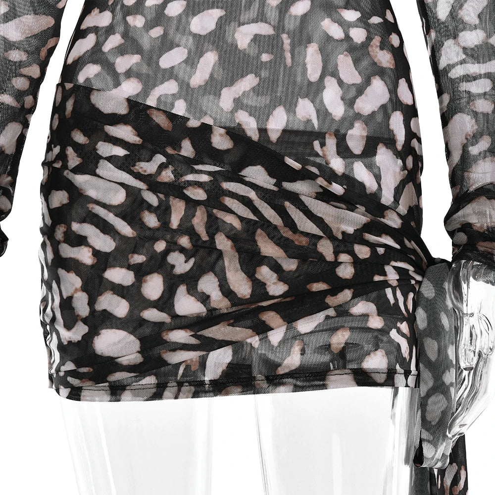 Fantoye Turtleneck Sexy Sheer Print Leopard Bandage Women Dress Long Sleeve Mini Dress Lady Spring Slim Elegant Party Club Dress - Smarsty