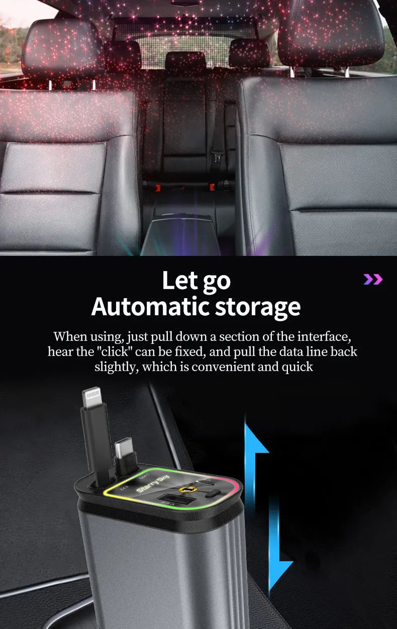 5-in-1 180W Car Fast Charger USB Type-C Power Adapter Retractable Phone Charger With Roof Starlight For IOS Android Phones - Smarsty