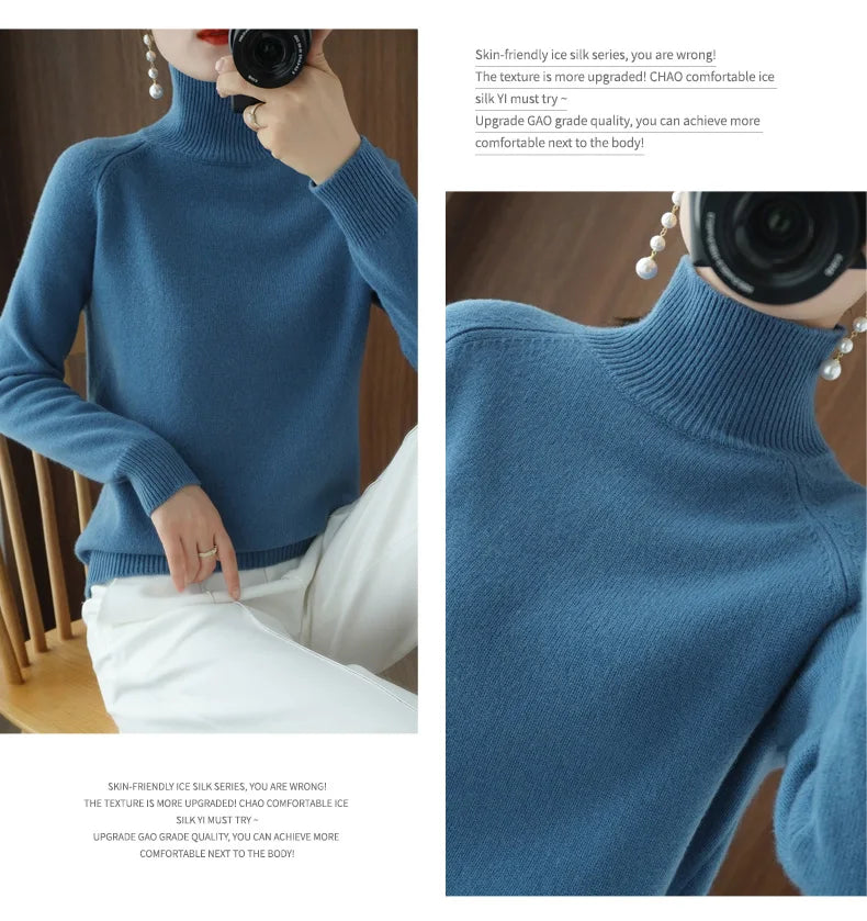 Fashion Basic Autumn Winter Merino Wool Sweater Mock Neck Cashmere Pullover Solid Color Soft Long Sleeve Clothing Tops - Smarsty