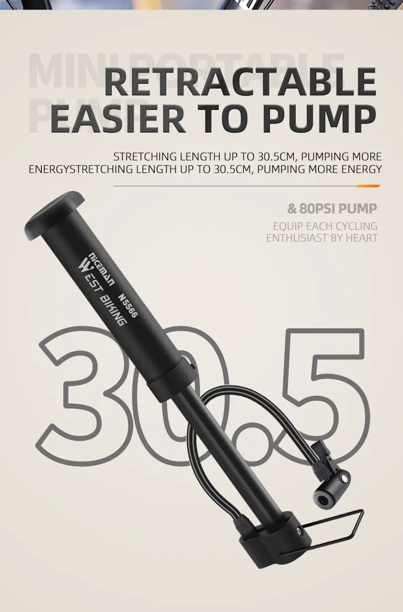 WEST BIKING MTB Bicycle Pump 80 PSI Bike Manual Air Pump Balloon Tire Inflator Schrader Valve Floor Pump Cycling Accesories - Smarsty
