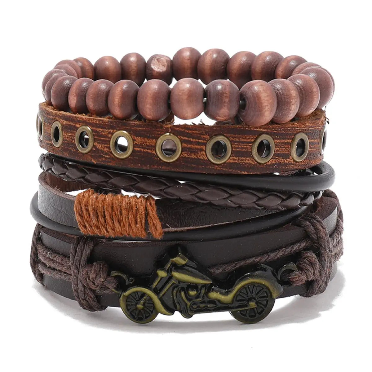 Vintage Leather Men Bracelet Woven Brown Wood Beads - Smarsty
