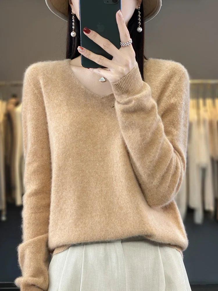 Fashion100% Merino Wool Sweater Cashmere Pullover Women Knitwear V-Neck Long Sleeve Autumn Winter Fashion Basic Clothing Tops - Smarsty