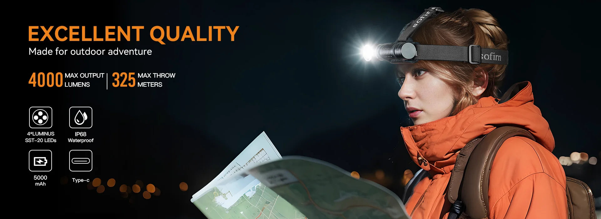 SOFIRN HS41 Headlamp 4000lm 21700 USB C Rechargeable with SST20 LED Torch Indicator with Magnetic Tail Flashlight