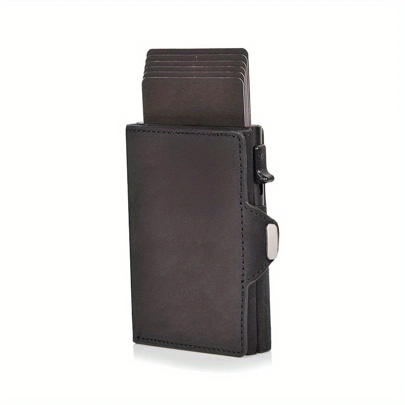 Pop-Up Credit Card Case with RFID Protection Genuine Leather Wallet with Compartment for Notes and Coins for Men and Women