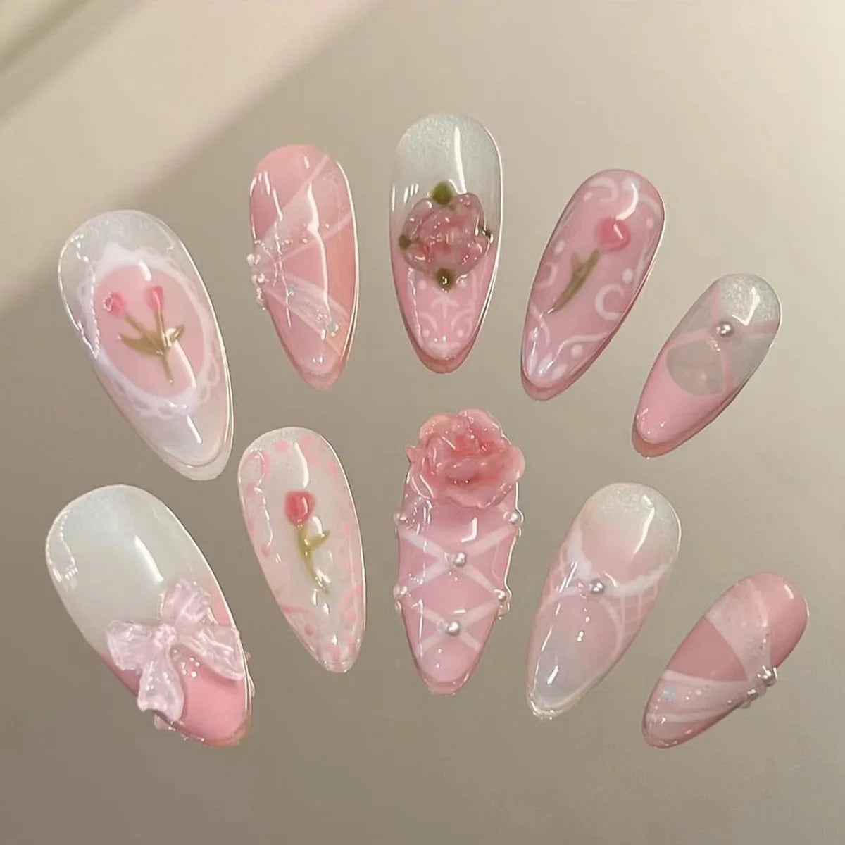 24 Piece Pink Almond Fake Nail Set With Bowknot Design - Smarsty