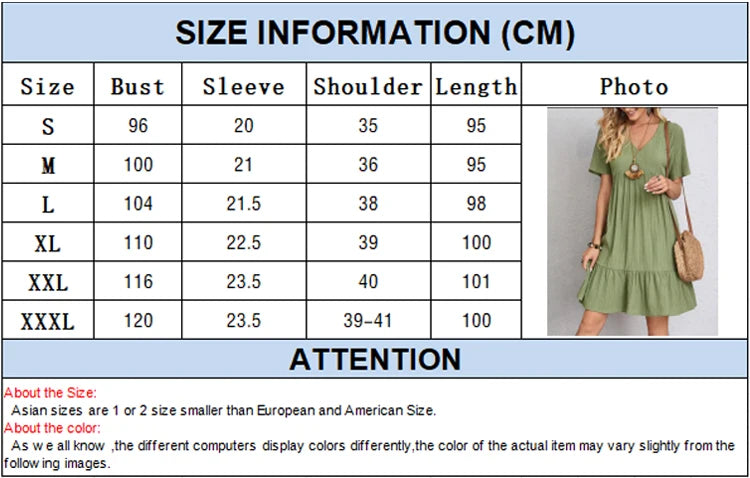 2025 Loose V-neck Short Sleeved Pleated Women Dress Solid Color A-line Beach Dresses Elegant Simple Comfortable Woman Clothing - Smarsty